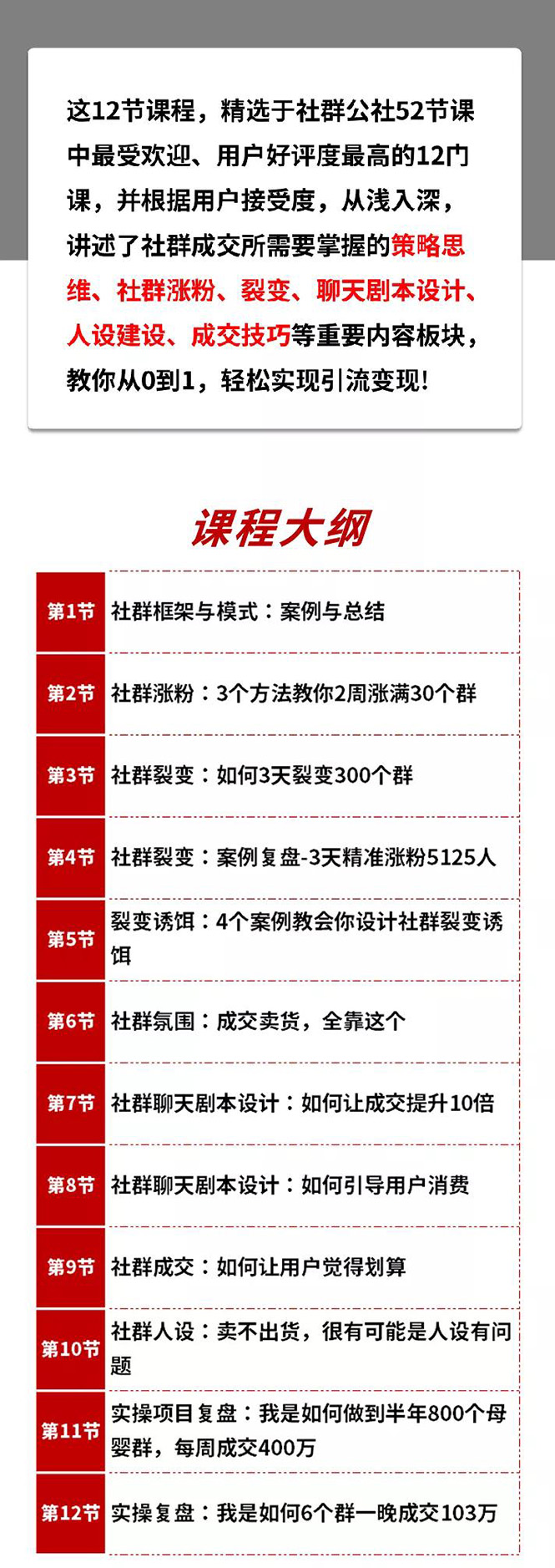 12节社群成交全攻略：从0到1快速引流变现，3天裂变300个群一晚成交103万