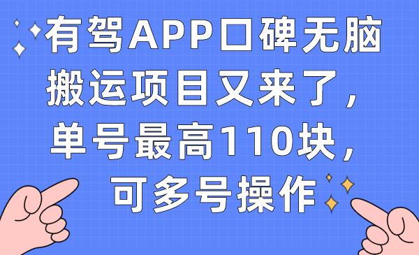 有驾APP口碑无脑搬运项目又来了,单号最高110块,可多号操作插图 有驾APP口碑无脑搬运项目又来了,单号最高110块,可多号操作