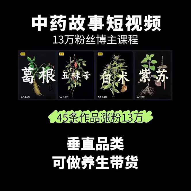 中草药养生赛道：AI文案+故事模板+橱带货，45条作品涨粉13w+单月变现1万+插图1