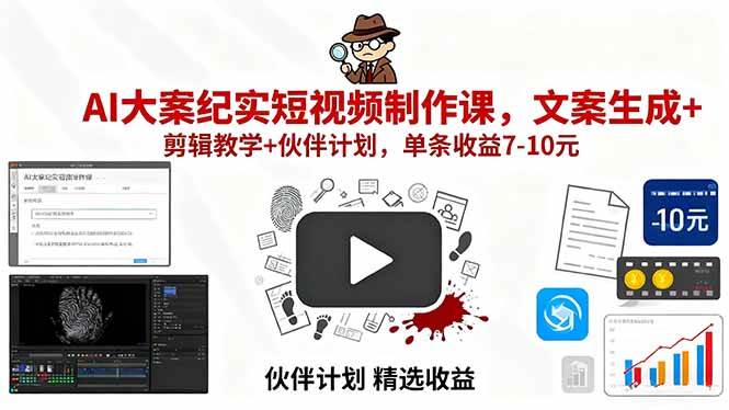 AI大案纪实短视频制作课，文案生成+剪辑教学+伙伴计划，单条收益7-10元插图