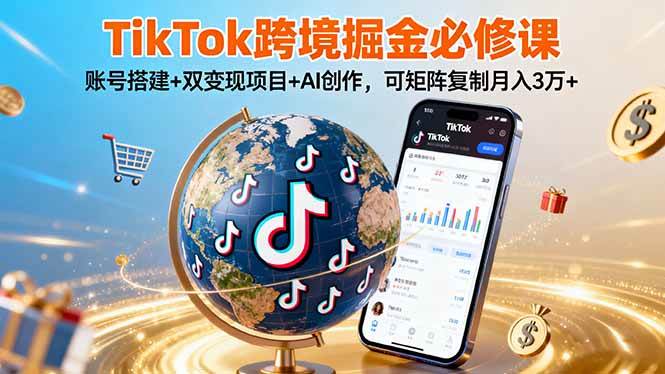 TikTo跨境掘金必修课，账号搭建+双变现项目+AI创作，可矩阵复制月入3万+插图