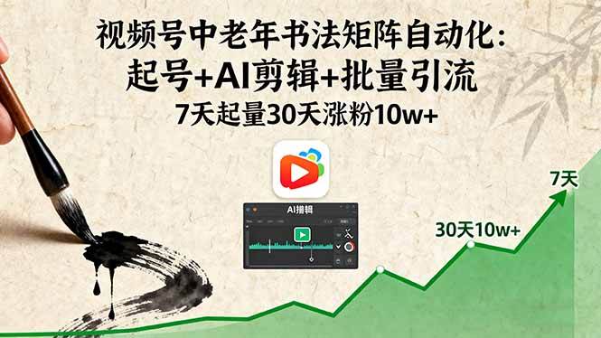 视频号中老年书法矩阵自动化：起号+AI剪辑+批量引流 7天起量30天涨粉10w+插图