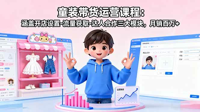 童装带货运营课程:涵盖开店设置-流量获取-达人合作三大模块,月销百万+
