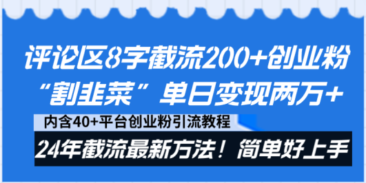 评论区8字截流200+创业粉“割韭菜”单日变现两万+24年截流最新方法!