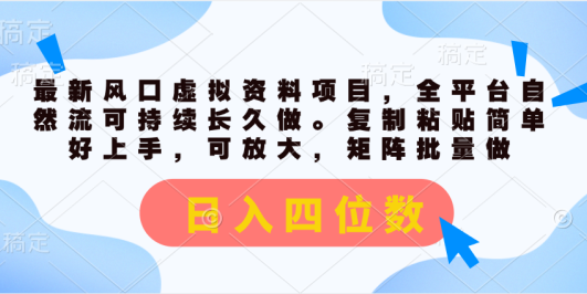 最新风口虚拟资料项目，全平台自然流可持续长久做。复制粘贴 日入四位数