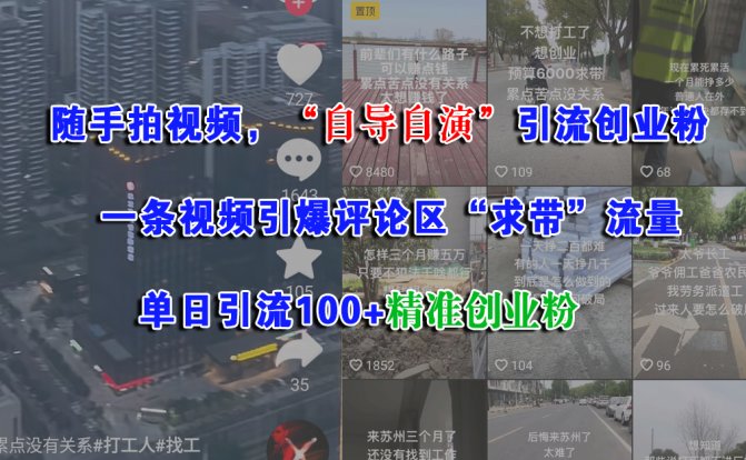 随手拍视频，“自导自演”引流创业粉， 一条视频引爆评论区“求带”流量，单日引流100+精准创业粉