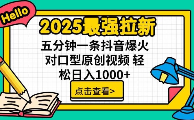 2025最强拉新,单用户下载5块佣金,5分钟一条抖音爆火原创对口型视频,…