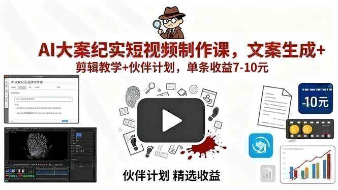 AI大案纪实短视频制作课，文案生成+剪辑教学+伙伴计划，单条收益7-10元