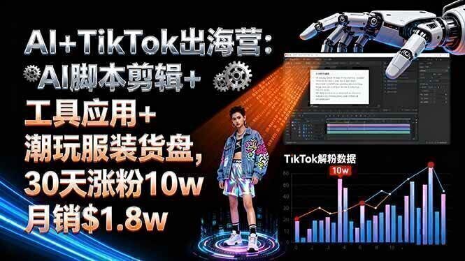 AI+TikTok出海营:AI脚本剪辑+工具应用+潮玩服装货盘,30天涨粉10w月销$1.8w