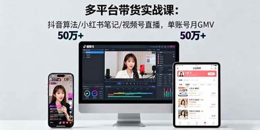 多平台带货实战课18.0：抖音算法/小红书笔记/视频号直播，单账号月GMV50w+