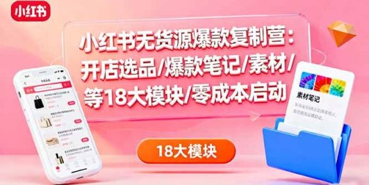 小红书无货源爆款复制营：开店选品/爆款笔记/素材/等18大模块/零成本启动