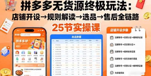 拼多多无货源终极玩法：店铺开设→规则解读→选品→售后全链路,25节实操课