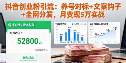 抖音创业粉引流：养号对标+文案钩子+全网分发，月变现5万实战