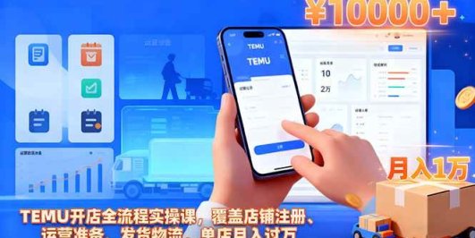 TEMU开店全流程实操课，覆盖店铺注册、运营准备、发货物流，单店月入过万