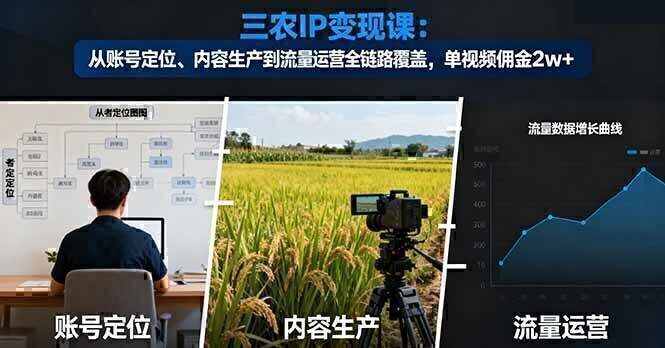 三农IP变现课：从账号定位、内容生产到流量运营全链路覆盖，单视频佣金2w+