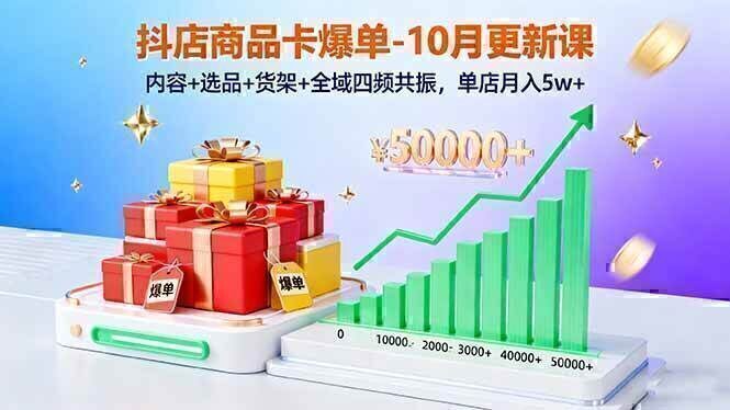 抖店商品卡爆单-10月新课:内容+选品+货架+全域四频共振,单店月入5w+