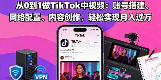 从0到1做TikTok中视频：账号搭建、网络配置、内容创作，轻松实现月入过万