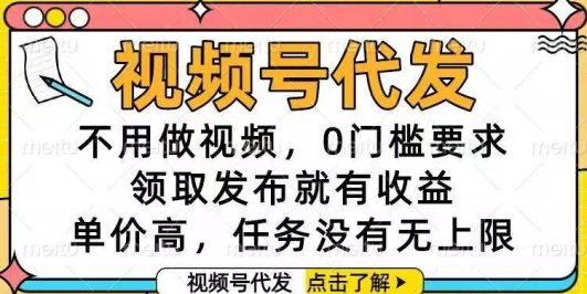 视频号代发，不用做视频，0门槛要求，领取发布就有收益，单价高，任务…