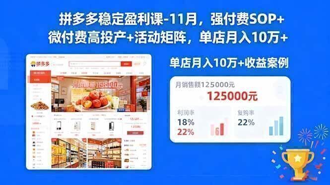 拼多多稳定盈利课-11月，强付费SOP+微付费高投产+活动矩阵，单店月入10w+