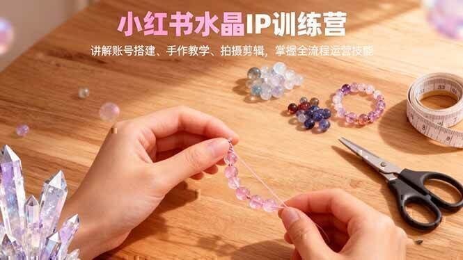 小红书水晶IP训练营，讲解账号搭建、手作教学、拍摄剪辑，全流程运营技能