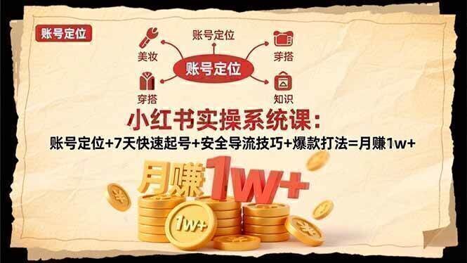 小红书实操系统课：账号定位+7天快速起号+安全导流技巧+爆款打法=月赚1w+