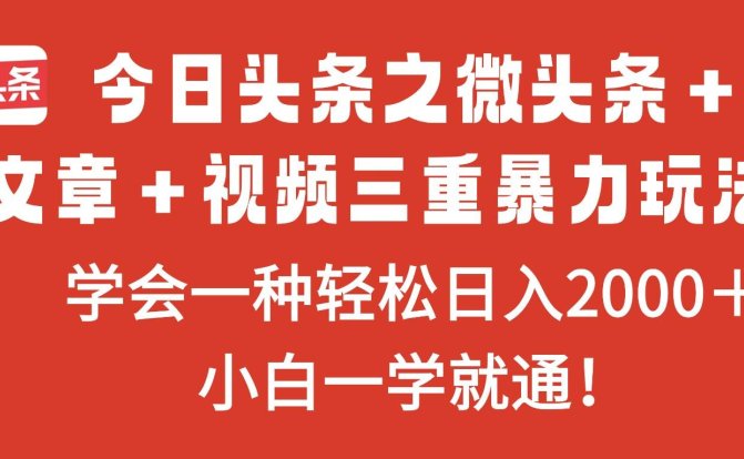 今日头条之微头条+文章+视频三重暴力玩法,学会一种轻松日入2000+,…