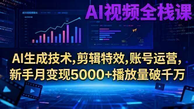 AI视频全栈课:AI生成技术,剪辑特效,账号运营,新手月变现5000+播放量破千万