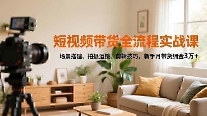 短视频带货全流程实战课，场景搭建、拍摄运镜、剪辑技巧，新手月带货佣金3万+