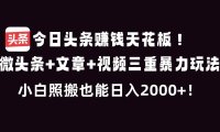 今日头条赚钱天花板！微头条+文章+视频三重暴利玩法，小白照搬也能日人2000+