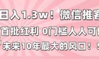 日入1.3w!微信推客,首批红利,未来10年最大的风口,0门槛,人人可做!