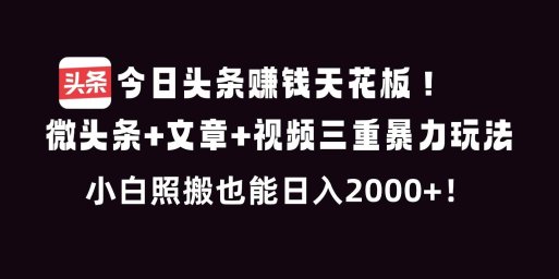 今日头条赚钱天花板！微头条+文章+视频三重暴利玩法，小白照搬也能日人2000+