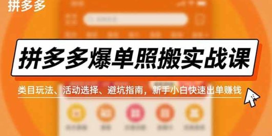 拼多多爆单照搬实战课，类目玩法、活动选择、避坑指南，新手小白快速出单赚钱
