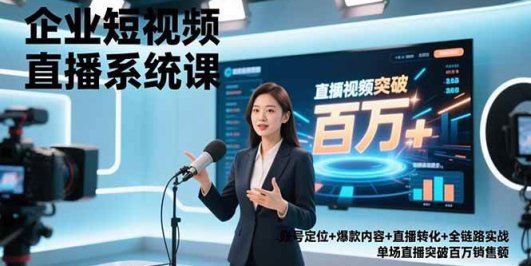 企业短视频直播系统课，账号定位+爆款内容+直播转化+全链路实战，单场直播突破百万销售额