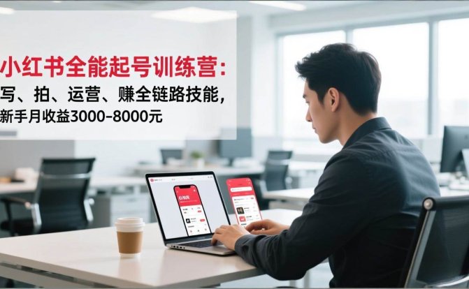 小红书全能起号训练营：写、拍、运营、赚全链路技能，新手月收益3000-8000元
