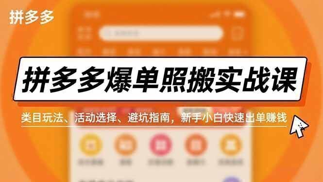 拼多多爆单照搬实战课，类目玩法、活动选择、避坑指南，新手小白快速出单赚钱