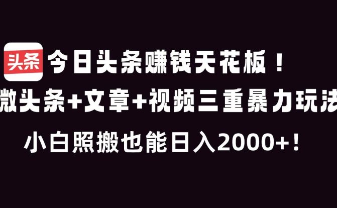 今日头条赚钱天花板!微头条+文章+视频三重暴利玩法,小白照搬也能日人2000+