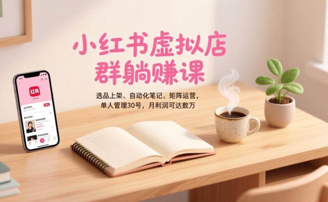 小红书虚拟店群躺赚课，选品上架、自动化笔记、矩阵运营，单人管理30号，月利润可达数万
