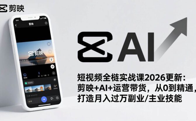 短视频全栈实战课2026更新：剪映+AI+运营带货，从0到精通，打造月入过万副业/主业技能