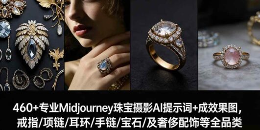 460+专业Midjourney珠宝摄影AI提示词+成效果图，戒指/项链/耳环/手链/宝石/及奢侈配饰等全品类